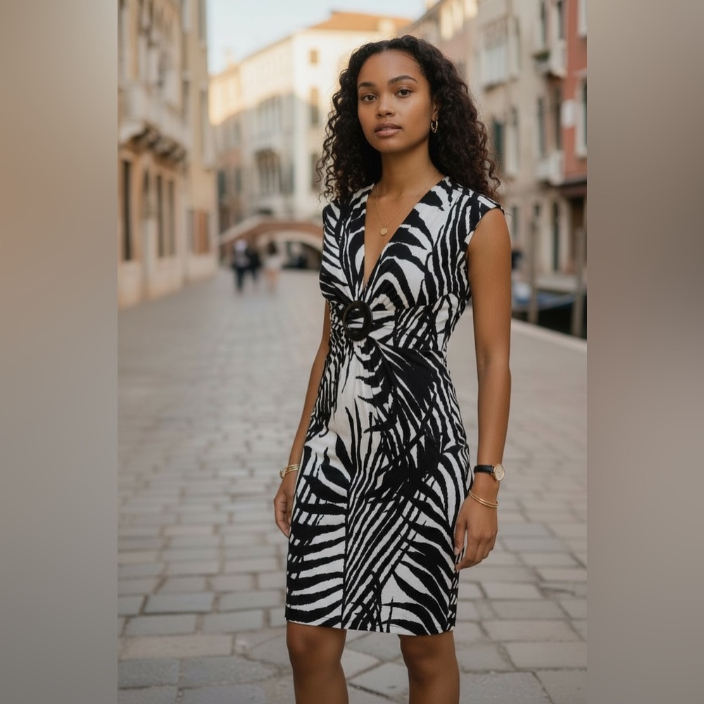 Vintage Cache Elegant Black and White Fern Print Patterned Dress size 6 EUC